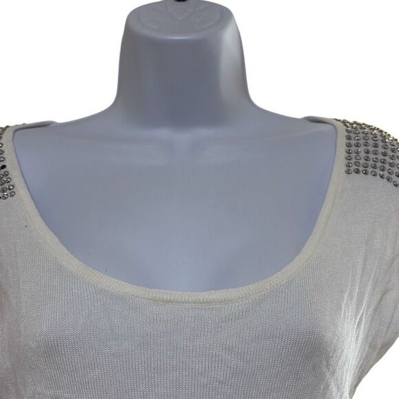 Express Small White Rhinestone Embellished Shoulders Scoop Neck Knit Top Bling - Picture 3 of 10